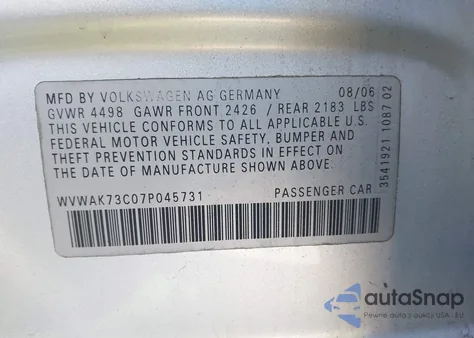 2007 Volkswagen Passat 2.0T/Wolfsburg Edition from USA, damaged, VIN WVWAK73C07P045731